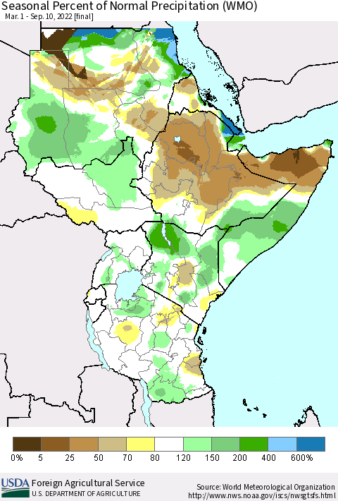 Eastern Africa Seasonal Percent of Normal Precipitation (WMO) Thematic Map For 3/1/2022 - 9/10/2022