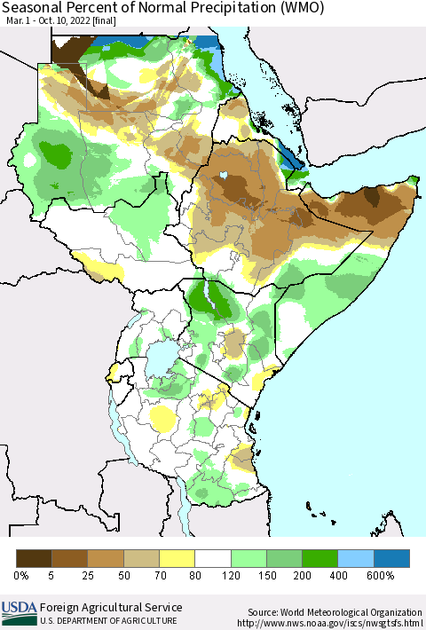 Eastern Africa Seasonal Percent of Normal Precipitation (WMO) Thematic Map For 3/1/2022 - 10/10/2022