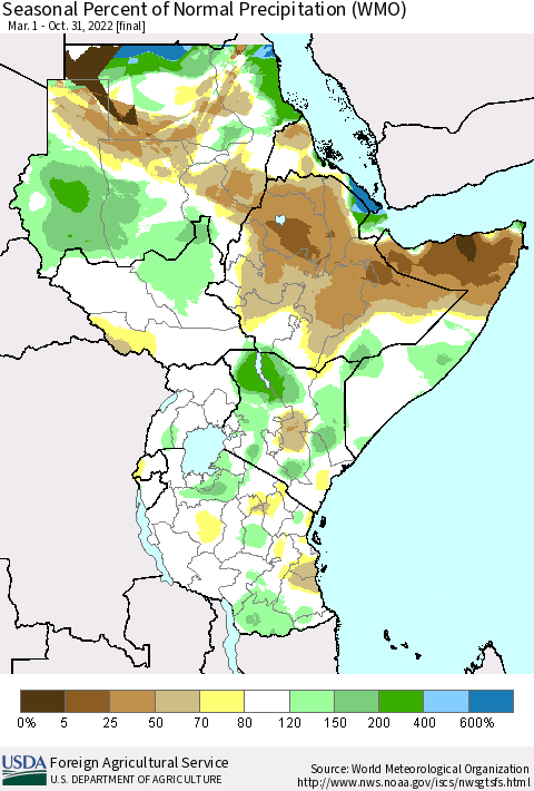 Eastern Africa Seasonal Percent of Normal Precipitation (WMO) Thematic Map For 3/1/2022 - 10/31/2022