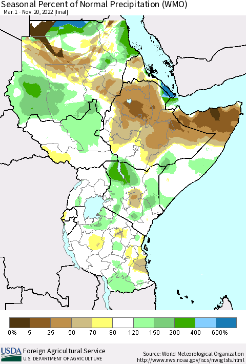 Eastern Africa Seasonal Percent of Normal Precipitation (WMO) Thematic Map For 3/1/2022 - 11/20/2022