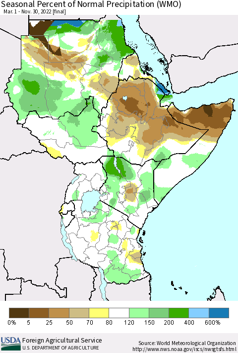 Eastern Africa Seasonal Percent of Normal Precipitation (WMO) Thematic Map For 3/1/2022 - 11/30/2022