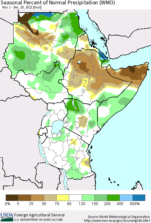 Eastern Africa Seasonal Percent of Normal Precipitation (WMO) Thematic Map For 3/1/2022 - 12/20/2022
