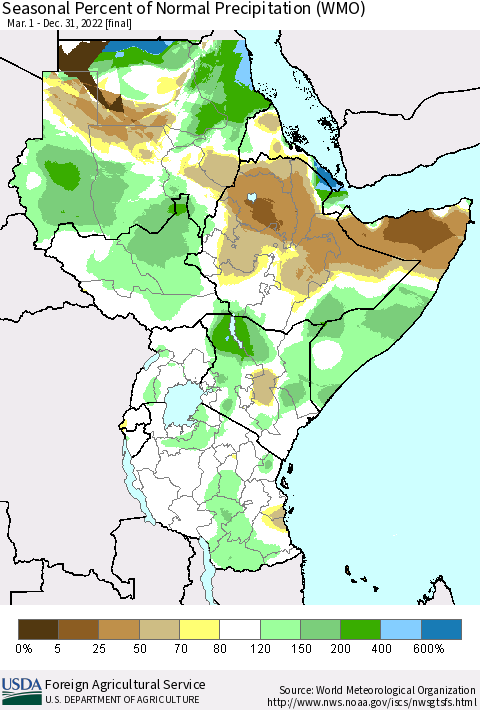 Eastern Africa Seasonal Percent of Normal Precipitation (WMO) Thematic Map For 3/1/2022 - 12/31/2022