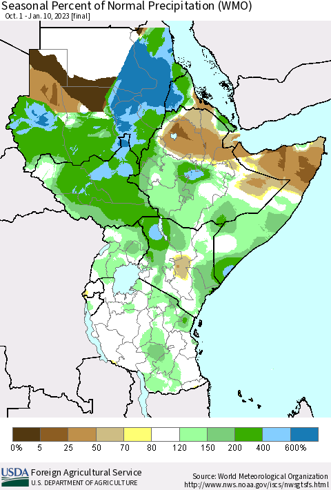 Eastern Africa Seasonal Percent of Normal Precipitation (WMO) Thematic Map For 10/1/2022 - 1/10/2023