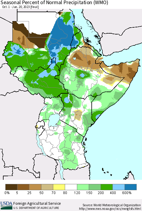 Eastern Africa Seasonal Percent of Normal Precipitation (WMO) Thematic Map For 10/1/2022 - 1/20/2023