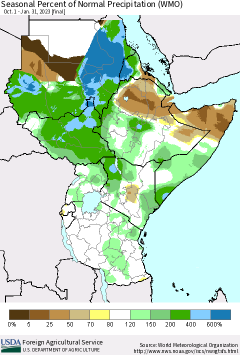 Eastern Africa Seasonal Percent of Normal Precipitation (WMO) Thematic Map For 10/1/2022 - 1/31/2023