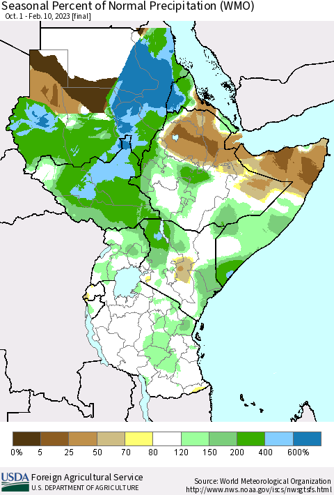 Eastern Africa Seasonal Percent of Normal Precipitation (WMO) Thematic Map For 10/1/2022 - 2/10/2023
