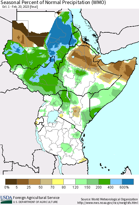 Eastern Africa Seasonal Percent of Normal Precipitation (WMO) Thematic Map For 10/1/2022 - 2/20/2023
