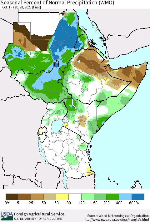 Eastern Africa Seasonal Percent of Normal Precipitation (WMO) Thematic Map For 10/1/2022 - 2/28/2023