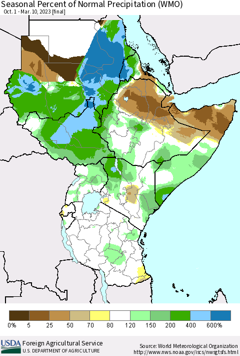 Eastern Africa Seasonal Percent of Normal Precipitation (WMO) Thematic Map For 10/1/2022 - 3/10/2023