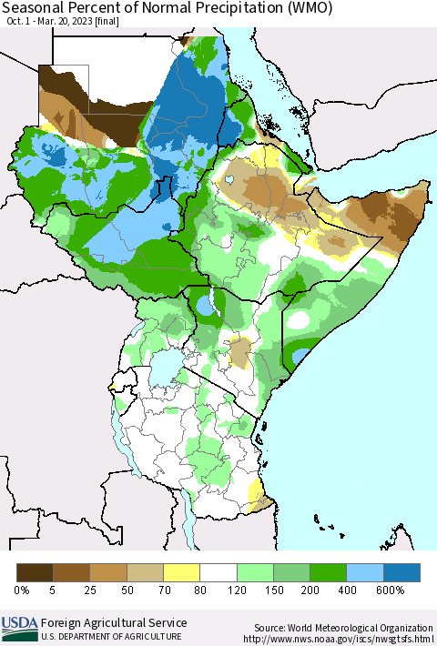 Eastern Africa Seasonal Percent of Normal Precipitation (WMO) Thematic Map For 10/1/2022 - 3/20/2023