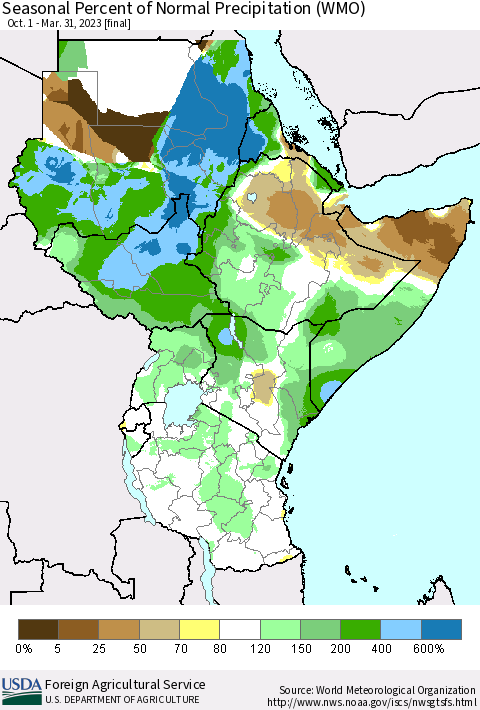 Eastern Africa Seasonal Percent of Normal Precipitation (WMO) Thematic Map For 10/1/2022 - 3/31/2023
