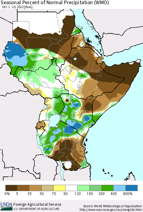 Eastern Africa Seasonal Percent of Normal Precipitation (WMO) Thematic Map For 10/1/2022 - 10/10/2022