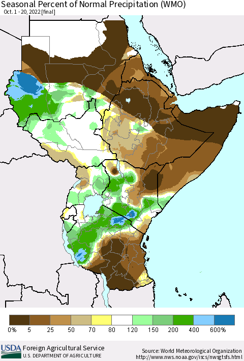 Eastern Africa Seasonal Percent of Normal Precipitation (WMO) Thematic Map For 10/1/2022 - 10/20/2022