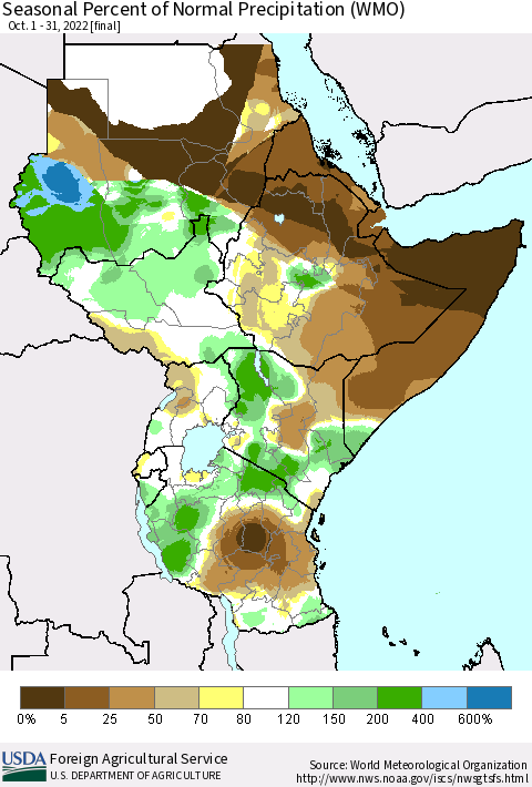 Eastern Africa Seasonal Percent of Normal Precipitation (WMO) Thematic Map For 10/1/2022 - 10/31/2022