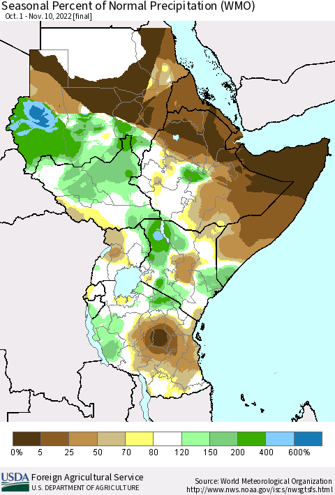 Eastern Africa Seasonal Percent of Normal Precipitation (WMO) Thematic Map For 10/1/2022 - 11/10/2022