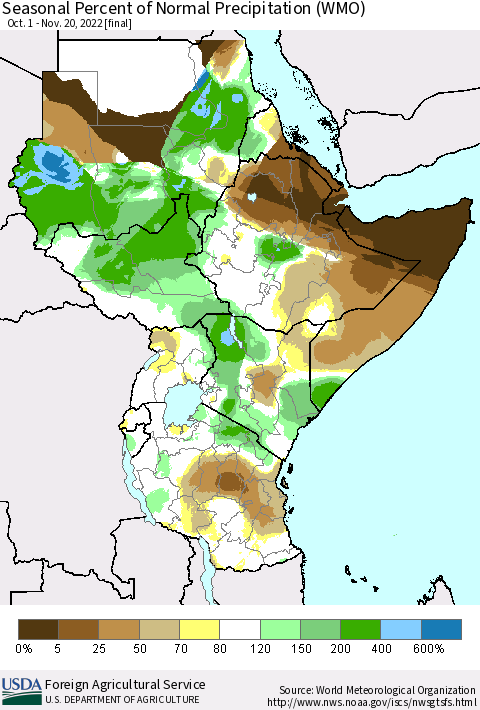 Eastern Africa Seasonal Percent of Normal Precipitation (WMO) Thematic Map For 10/1/2022 - 11/20/2022