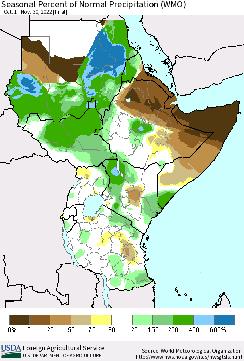 Eastern Africa Seasonal Percent of Normal Precipitation (WMO) Thematic Map For 10/1/2022 - 11/30/2022