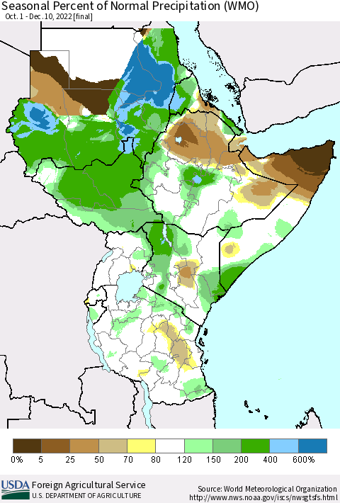 Eastern Africa Seasonal Percent of Normal Precipitation (WMO) Thematic Map For 10/1/2022 - 12/10/2022