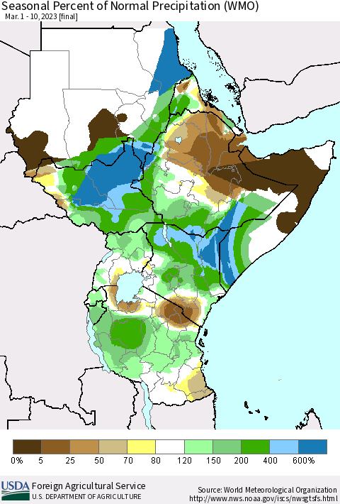 Eastern Africa Seasonal Percent of Normal Precipitation (WMO) Thematic Map For 3/1/2023 - 3/10/2023