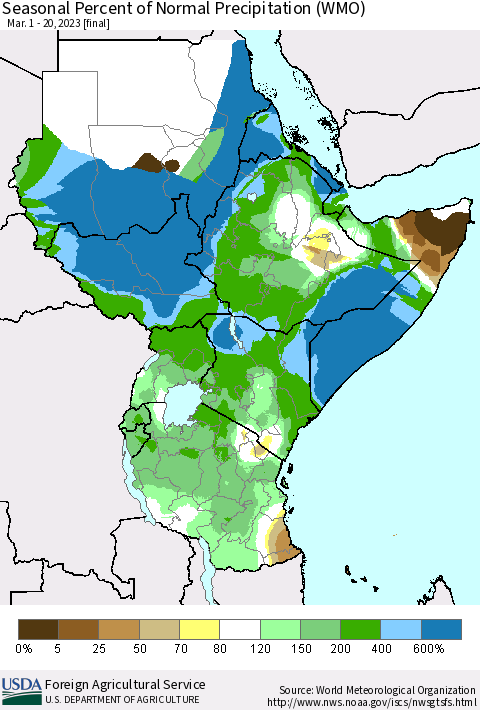 Eastern Africa Seasonal Percent of Normal Precipitation (WMO) Thematic Map For 3/1/2023 - 3/20/2023