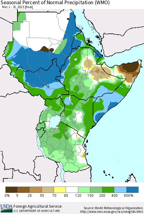 Eastern Africa Seasonal Percent of Normal Precipitation (WMO) Thematic Map For 3/1/2023 - 3/31/2023