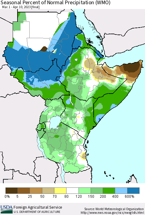 Eastern Africa Seasonal Percent of Normal Precipitation (WMO) Thematic Map For 3/1/2023 - 4/10/2023