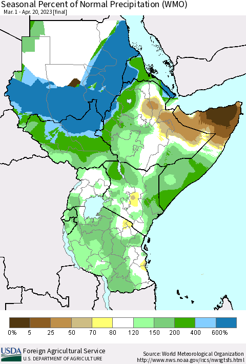 Eastern Africa Seasonal Percent of Normal Precipitation (WMO) Thematic Map For 3/1/2023 - 4/20/2023