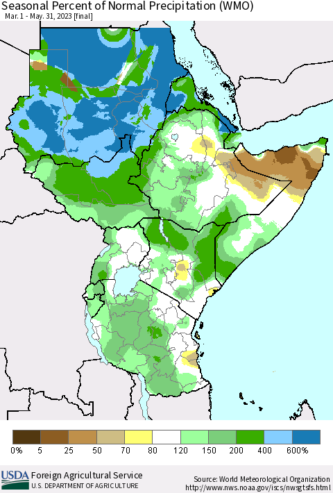 Eastern Africa Seasonal Percent of Normal Precipitation (WMO) Thematic Map For 3/1/2023 - 5/31/2023