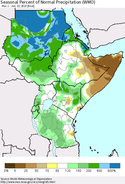 Eastern Africa Seasonal Percent of Normal Precipitation (WMO) Thematic Map For 3/1/2023 - 6/10/2023
