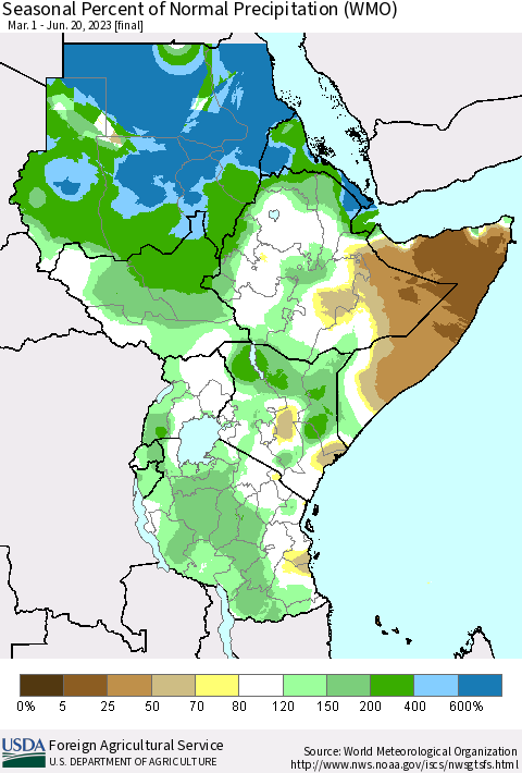 Eastern Africa Seasonal Percent of Normal Precipitation (WMO) Thematic Map For 3/1/2023 - 6/20/2023