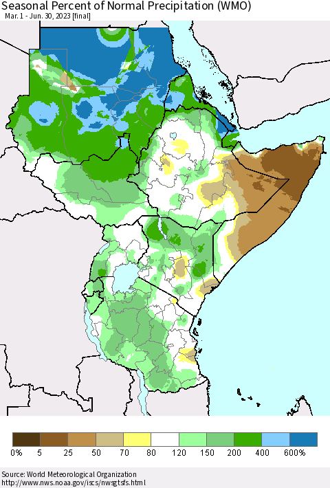 Eastern Africa Seasonal Percent of Normal Precipitation (WMO) Thematic Map For 3/1/2023 - 6/30/2023