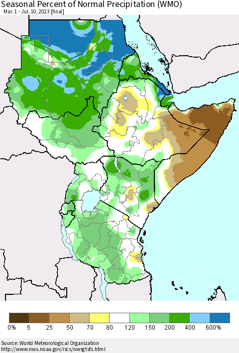 Eastern Africa Seasonal Percent of Normal Precipitation (WMO) Thematic Map For 3/1/2023 - 7/10/2023