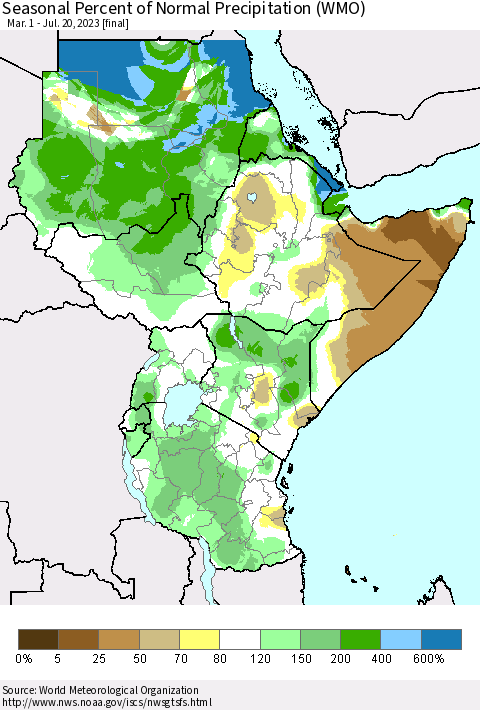 Eastern Africa Seasonal Percent of Normal Precipitation (WMO) Thematic Map For 3/1/2023 - 7/20/2023