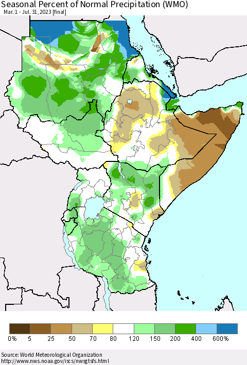 Eastern Africa Seasonal Percent of Normal Precipitation (WMO) Thematic Map For 3/1/2023 - 7/31/2023