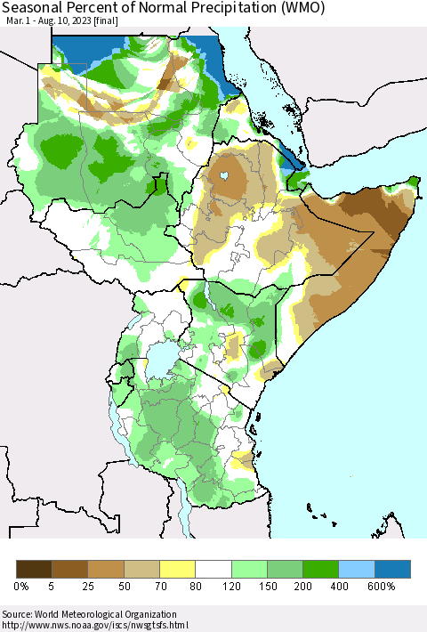 Eastern Africa Seasonal Percent of Normal Precipitation (WMO) Thematic Map For 3/1/2023 - 8/10/2023