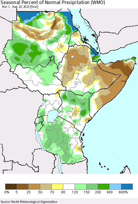 Eastern Africa Seasonal Percent of Normal Precipitation (WMO) Thematic Map For 3/1/2023 - 8/20/2023