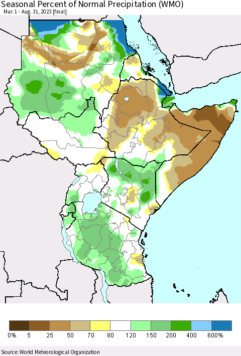 Eastern Africa Seasonal Percent of Normal Precipitation (WMO) Thematic Map For 3/1/2023 - 8/31/2023