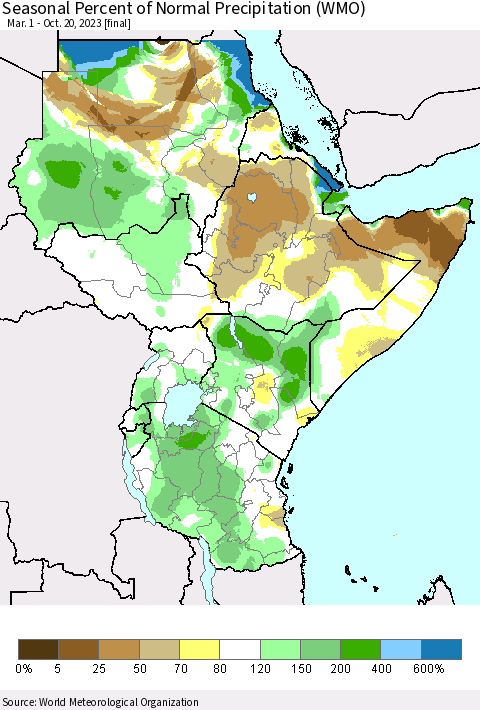 Eastern Africa Seasonal Percent of Normal Precipitation (WMO) Thematic Map For 3/1/2023 - 10/20/2023