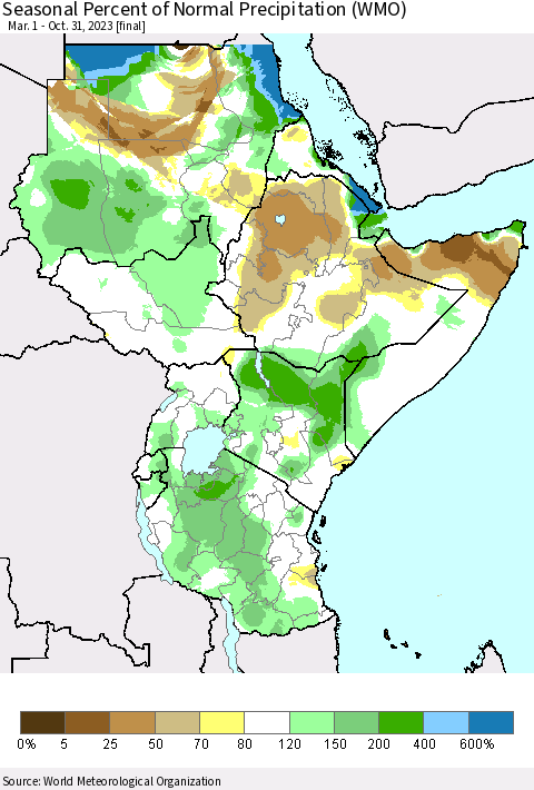 Eastern Africa Seasonal Percent of Normal Precipitation (WMO) Thematic Map For 3/1/2023 - 10/31/2023