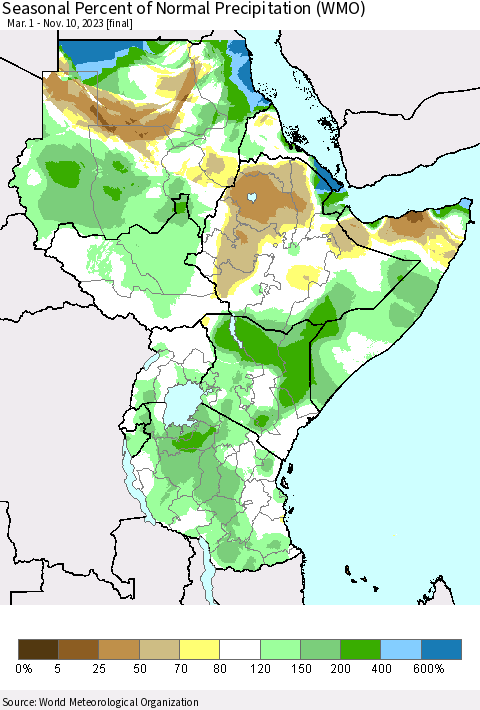 Eastern Africa Seasonal Percent of Normal Precipitation (WMO) Thematic Map For 3/1/2023 - 11/10/2023