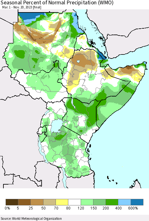 Eastern Africa Seasonal Percent of Normal Precipitation (WMO) Thematic Map For 3/1/2023 - 11/20/2023