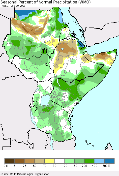 Eastern Africa Seasonal Percent of Normal Precipitation (WMO) Thematic Map For 3/1/2023 - 12/10/2023