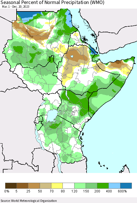 Eastern Africa Seasonal Percent of Normal Precipitation (WMO) Thematic Map For 3/1/2023 - 12/20/2023