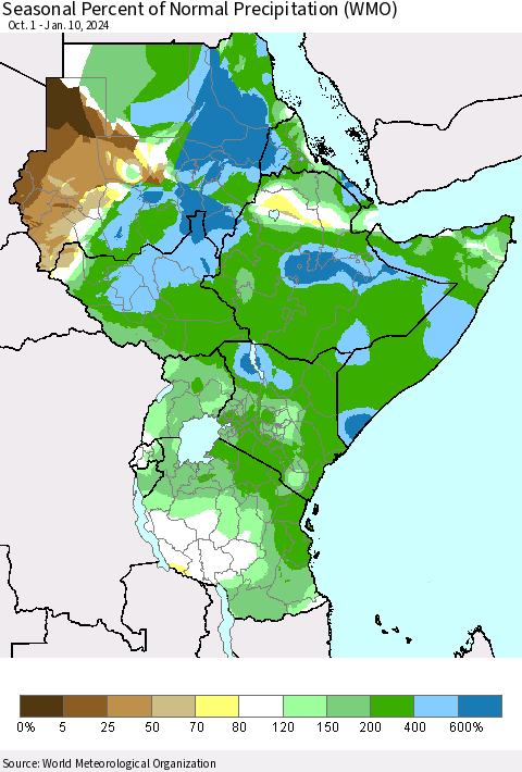 Eastern Africa Seasonal Percent of Normal Precipitation (WMO) Thematic Map For 10/1/2023 - 1/10/2024