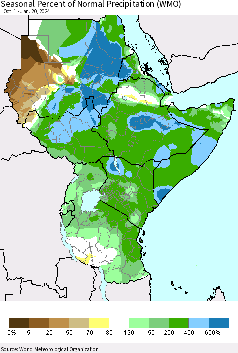 Eastern Africa Seasonal Percent of Normal Precipitation (WMO) Thematic Map For 10/1/2023 - 1/20/2024