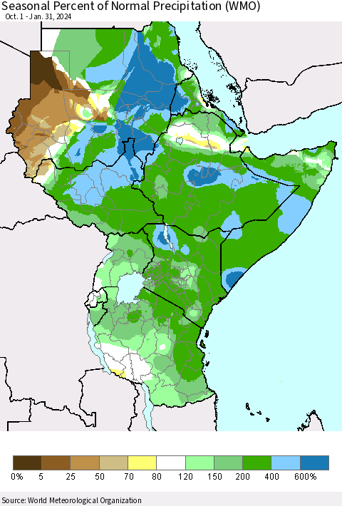 Eastern Africa Seasonal Percent of Normal Precipitation (WMO) Thematic Map For 10/1/2023 - 1/31/2024