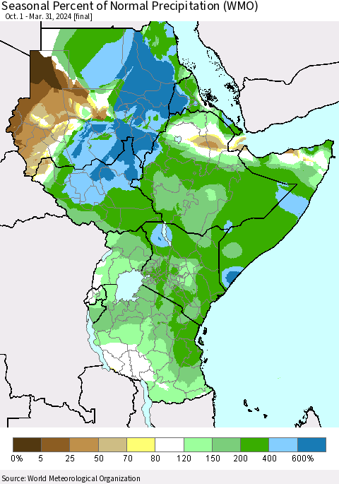 Eastern Africa Seasonal Percent of Normal Precipitation (WMO) Thematic Map For 10/1/2023 - 3/31/2024