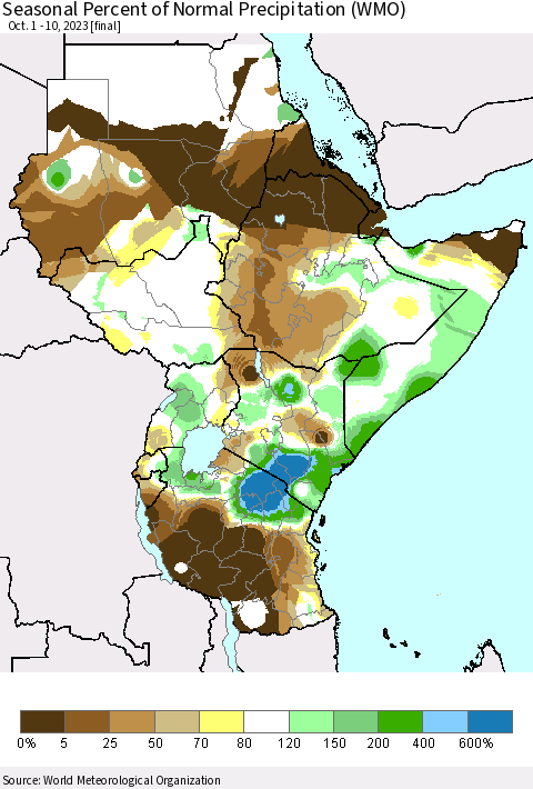 Eastern Africa Seasonal Percent of Normal Precipitation (WMO) Thematic Map For 10/1/2023 - 10/10/2023