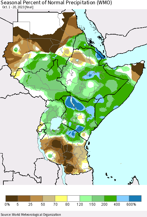 Eastern Africa Seasonal Percent of Normal Precipitation (WMO) Thematic Map For 10/1/2023 - 10/20/2023